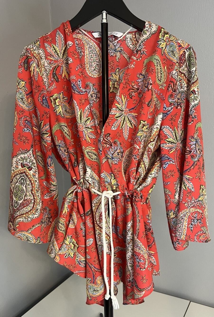 ZARA Fall Orange Floral Rope Waist Peplum Blouse Kimono Medium